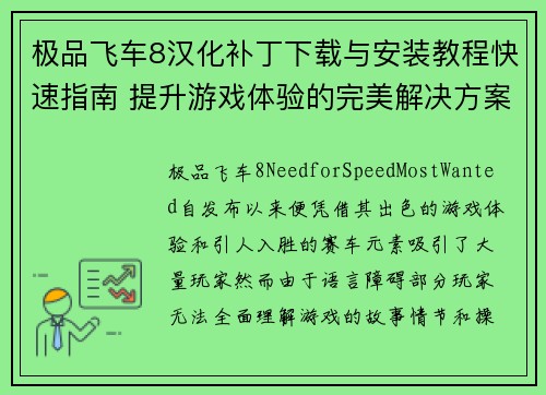 极品飞车8汉化补丁下载与安装教程快速指南 提升游戏体验的完美解决方案